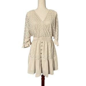NWT Listicle Lace Mini Dress MED Button Front Smocked Waist Ruffle Sleeves Cream